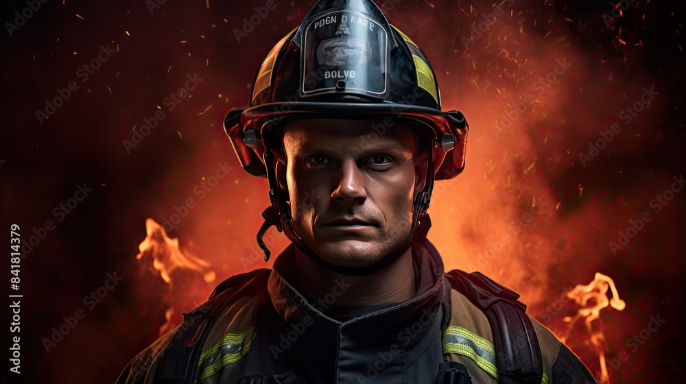 firefighter in full uniform against the backdrop of flames firefighter in full uniform against the backdrop of flames