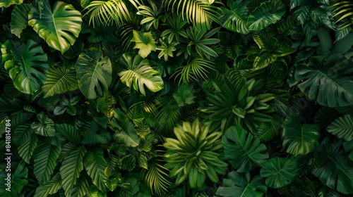An expansive canopy of tropical leaves  creating a dense green texture as a nature background