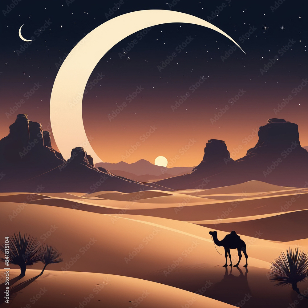 Fototapeta premium A serene desert landscape at night with a crescent moo 2