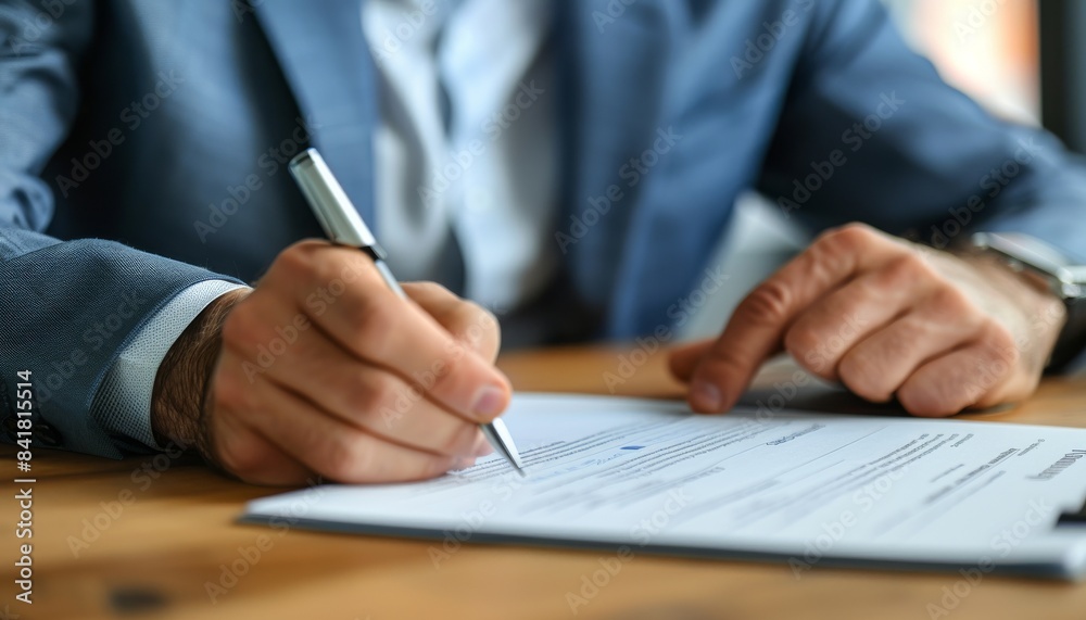 Close-up of a businessman in a suit signing a document on a wooden desk, signifying professionalism and contracts Close-up of a businessman in a suit signing a document on a wooden desk, signifying professionalism and contracts