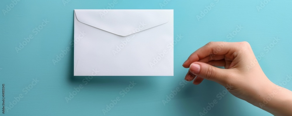 A hand holding a white envelope against a blue background, emphasizing personal communication or mailing A hand holding a white envelope against a blue background, emphasizing personal communication or mailing