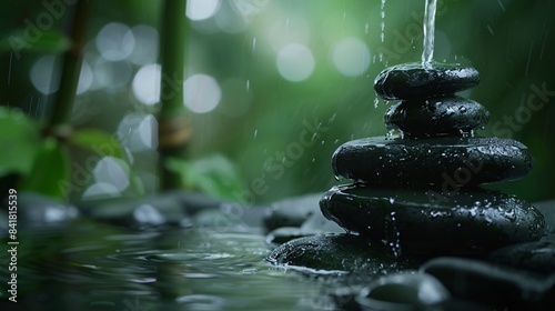 Zen garden with balancing stones and water flowing over them, creating a peaceful and calming atmosphere in a lush green setting -Generative AI