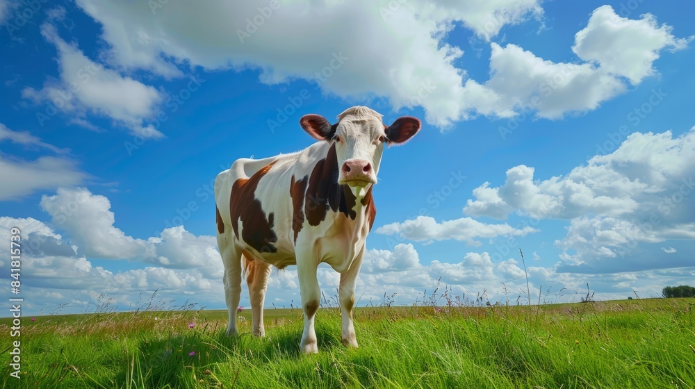 Cow grazing in an English field against a beautiful blue sky, Cow Appreciation Day Cow grazing in an English field against a beautiful blue sky, Cow Appreciation Day