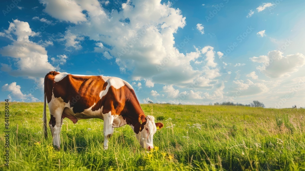 Cow grazing in an English field against a beautiful blue sky, Cow Appreciation Day Cow grazing in an English field against a beautiful blue sky, Cow Appreciation Day