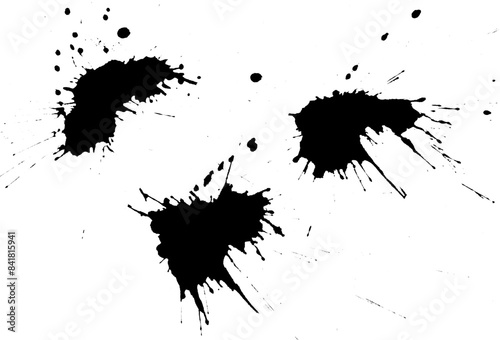 Ink splashes. Ink splat ink. Spray painted texture. Paint splatter dots.  Street art print, splat spot grungy silhouette. Spray painted drips, white background. 