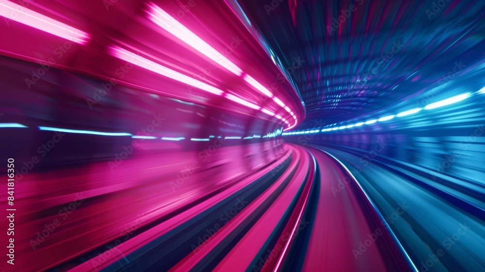Embark on a vibrant highspeed journey through a futuristic tunnel, illuminated by neon lights and dynamic motion blur effects. Ideal for themes such as technology, scifi, and innovation