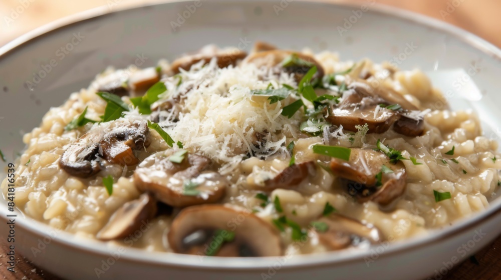A mushroom risotto dish garnished with freshly chopped herbs and grated parmesan cheese, ready to be served A mushroom risotto dish garnished with freshly chopped herbs and grated parmesan cheese, ready to be served