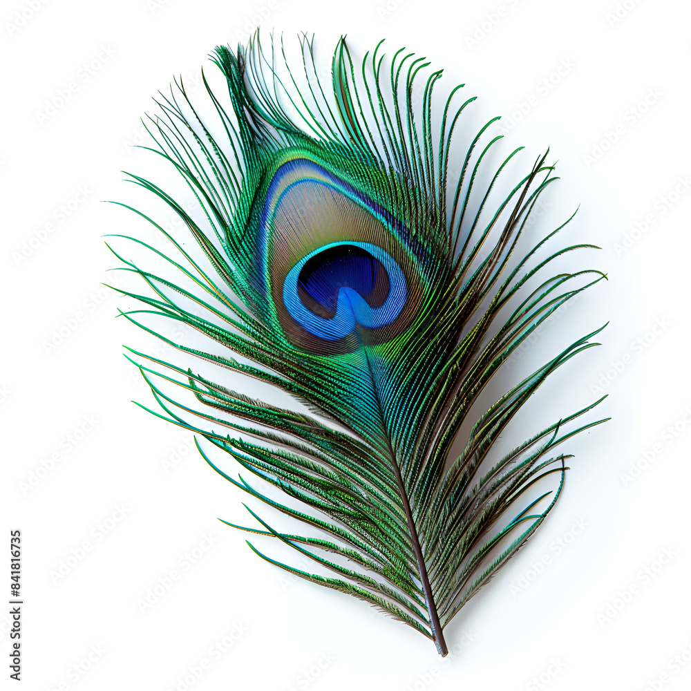 Fototapeta premium Elegant colorful peacock bird feather isolated on the white ,Peacock feather on white background