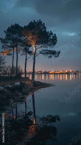 A treehouse nestled in the branches of a pine tree, illuminated against the backdrop of a tranquil lake and cityscape.