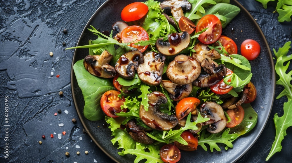 A mushroom-themed salad with mixed greens, cherry tomatoes, and marinated mushrooms, drizzled with balsamic vinaigrette. A mushroom-themed salad with mixed greens, cherry tomatoes, and marinated mushrooms, drizzled with balsamic vinaigrette.