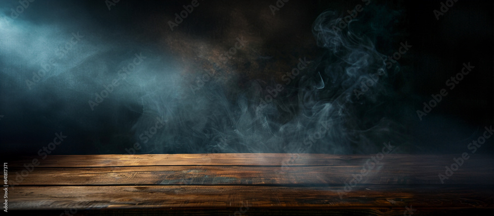 Dark background with wood table and smoke, for product presentation, light from the top left corner Dark background with wood table and smoke, for product presentation, light from the top left corner