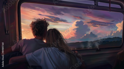 A couple sits closely, admiring a breathtaking sunset from a train window, capturing a moment of serene travel and romance. photo