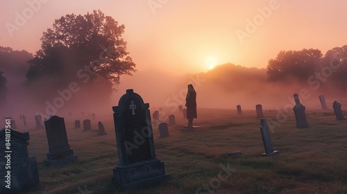 An otherworldly figure captured in the mist rising from a rural cemetery at dawn