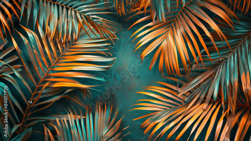 Palm Fronds background: intricate patterns in deep turquoise, earthy terracotta, vibrant green, sandy beige, and vibrant coral.