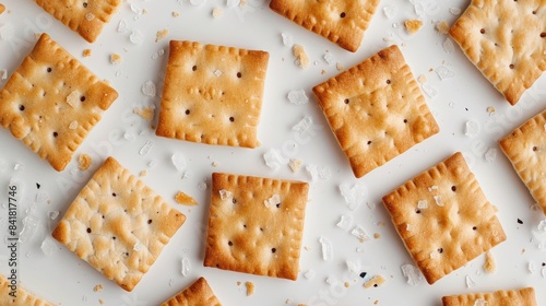 Salted crackers separated on a white backdrop