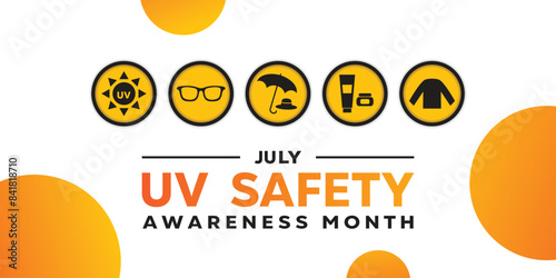 Uv Safety Awareness Month. Sun, glasses, umbrella, hat, sunscreen and long sleeves. Great for cards, banners, posters, social media and more. White background. 