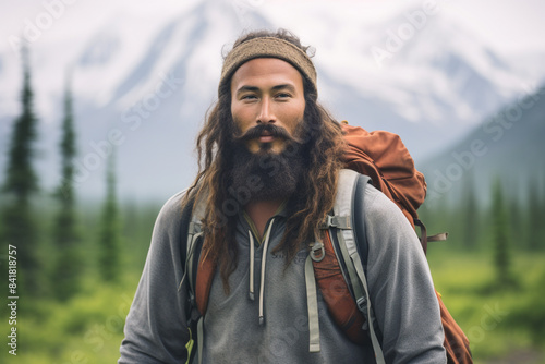 A vibrant and authentic portrayal of a young man with a serene expression, adorned with traditional Denali jewelry, showcasing the rich cultural heritage and natural beauty of the region in a captiv photo