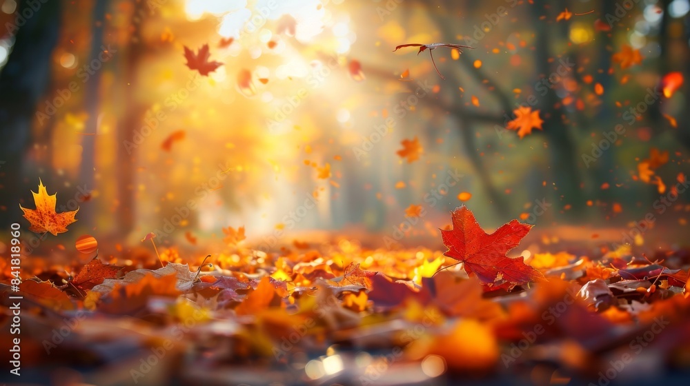 Autumn Leaves Falling in Sunlit Forest, Generative AI Autumn Leaves Falling in Sunlit Forest, Generative AI