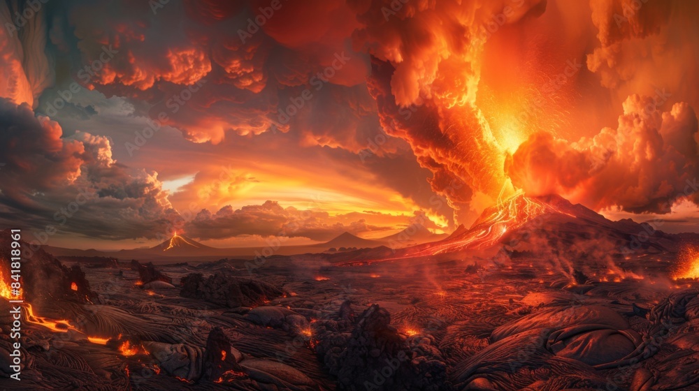 A panoramic view of a volcanic eruption, capturing the vast expanse of the lava flow and ash plume. A panoramic view of a volcanic eruption, capturing the vast expanse of the lava flow and ash plume.