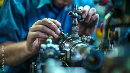 Close-up of a mechanical engineer's hands adjusting a complex component of a machine photo