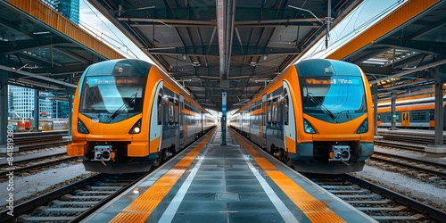 Highspeed trains on modern tracks symbolize efficient smart city transportation system. Concept Smart City, Efficiency, Highspeed Trains, Modern Infrastructure, Transportation photo