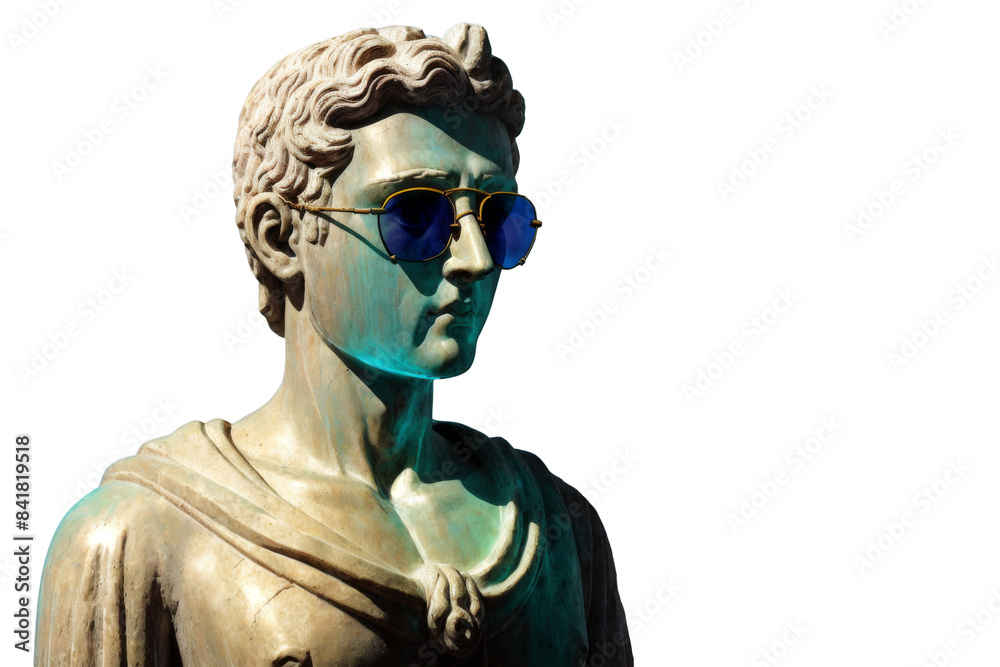 A close up of a stone bust statue wearing sunglasses. A close up of a stone bust statue wearing sunglasses.
