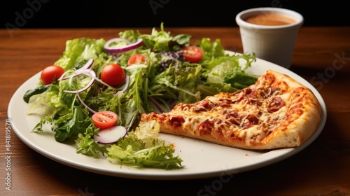 Pizza and salad on a white plate