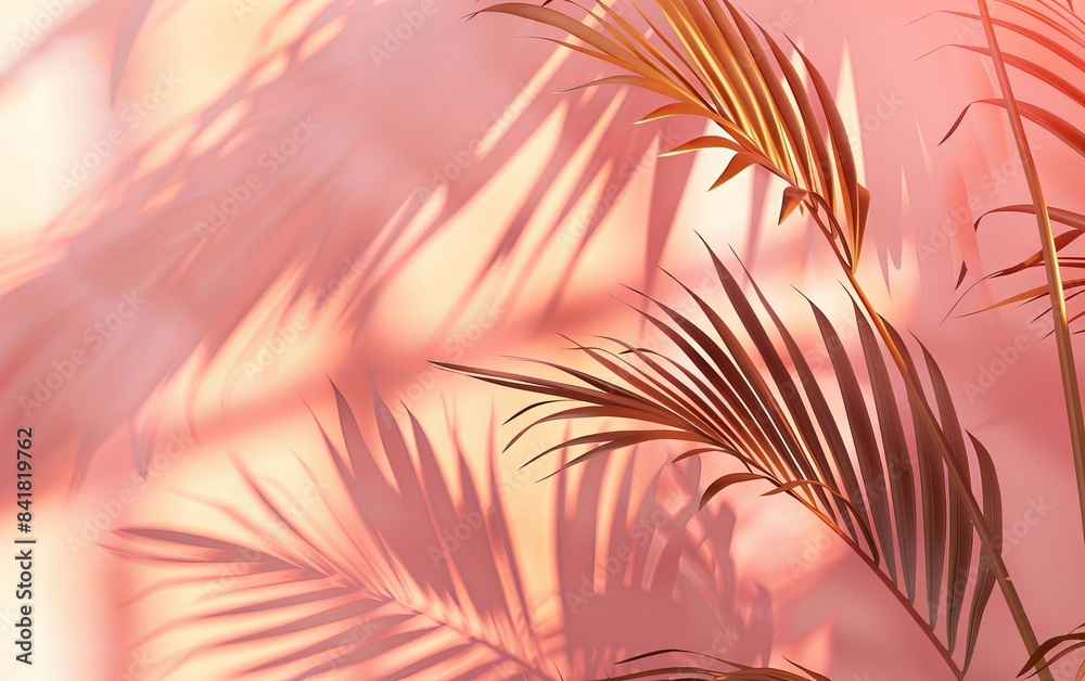 Tranquil tropical palm leaf shadows on a peach backdrop create a serene atmosphere Tranquil tropical palm leaf shadows on a peach backdrop create a serene atmosphere