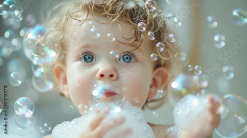 Baby girl playing with bubbles in bath