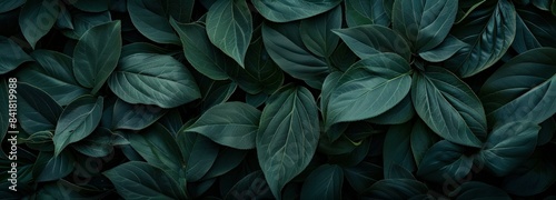 Dark green leaves on a mysterious background  beautiful nature closeup photo for travel and art themes