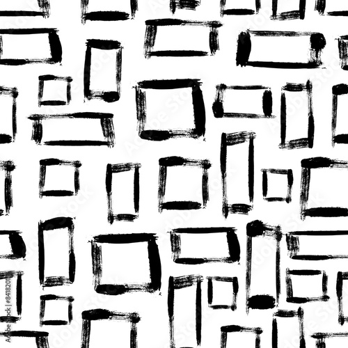 Hand drawn ink squares and rectangles seamless pattern. Trendy monochrome doodles and brush marks. Simple abstract background. Great for textile, fabric, wallpaper, wrapping, scrapbook and packaging