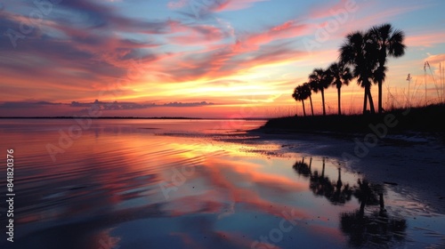 A peaceful sunset at the beach, with colorful skies reflecting on the tranquil waters and silhouettes of palm trees.