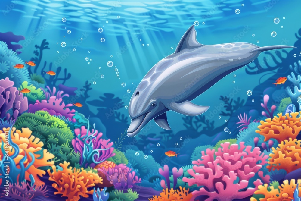 Witness the beauty of a dolphin gliding through vibrant coral reefs in this mesmerizing illustration. Witness the beauty of a dolphin gliding through vibrant coral reefs in this mesmerizing illustration.