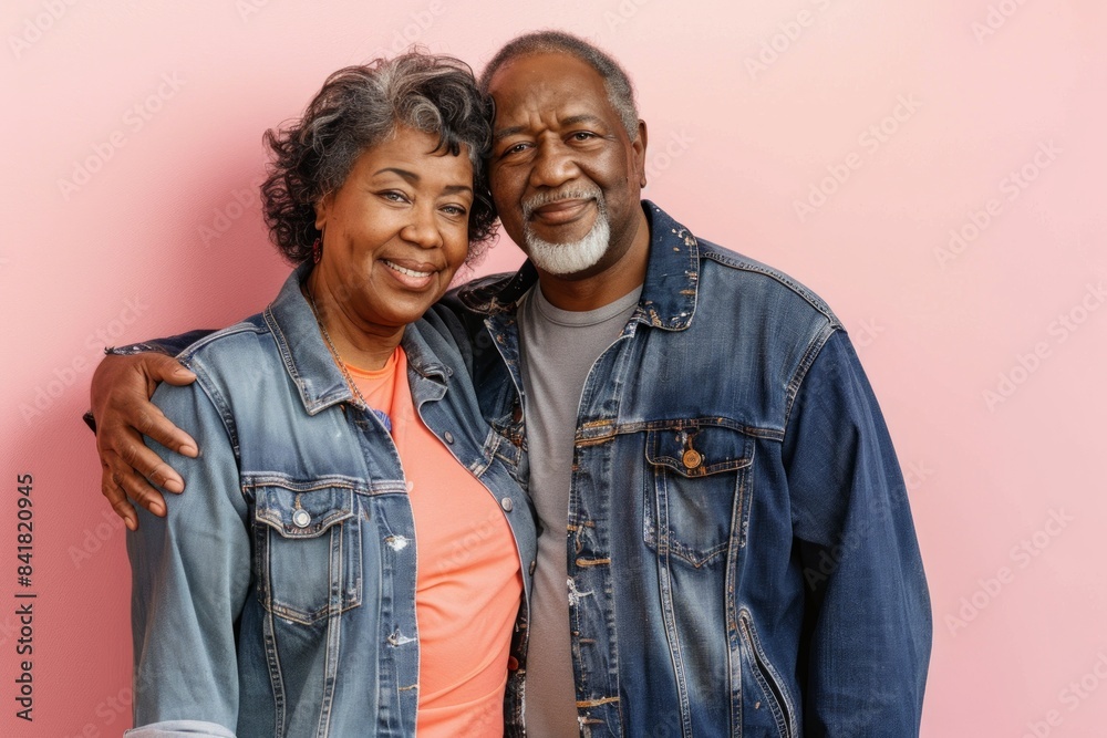 Portrait of a satisfied multiethnic couple in their 60s wearing a rugged jean vest while standing against pastel pink background Portrait of a satisfied multiethnic couple in their 60s wearing a rugged jean vest while standing against pastel pink background