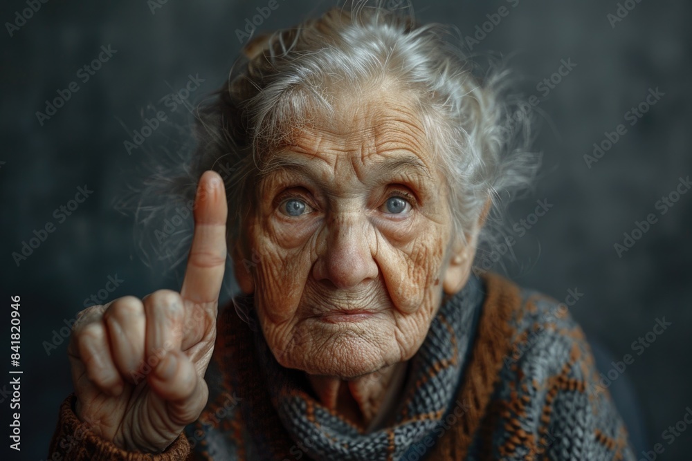 Elderly woman pointing with a serious expression Elderly woman pointing with a serious expression