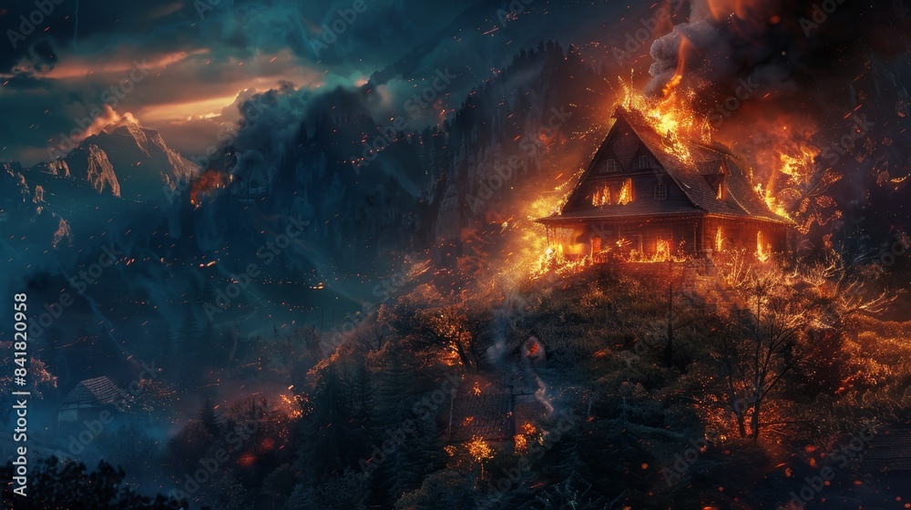 Burning wooden house on a hill with a forest fire raging around it, set against a backdrop of mountains and a dramatic sky Burning wooden house on a hill with a forest fire raging around it, set against a backdrop of mountains and a dramatic sky