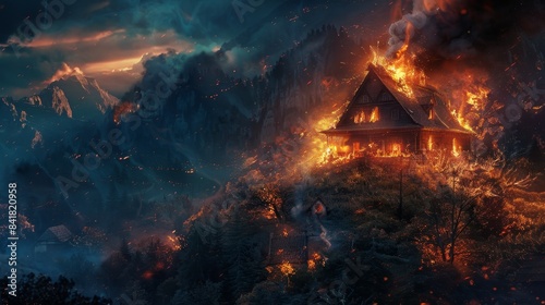 Burning wooden house on a hill with a forest fire raging around it, set against a backdrop of mountains and a dramatic sky