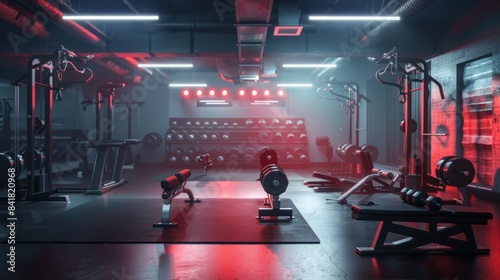 Wallpaper Mural An empty weight room with red lighting, featuring weight racks, benches, and other gym equipment. Torontodigital.ca