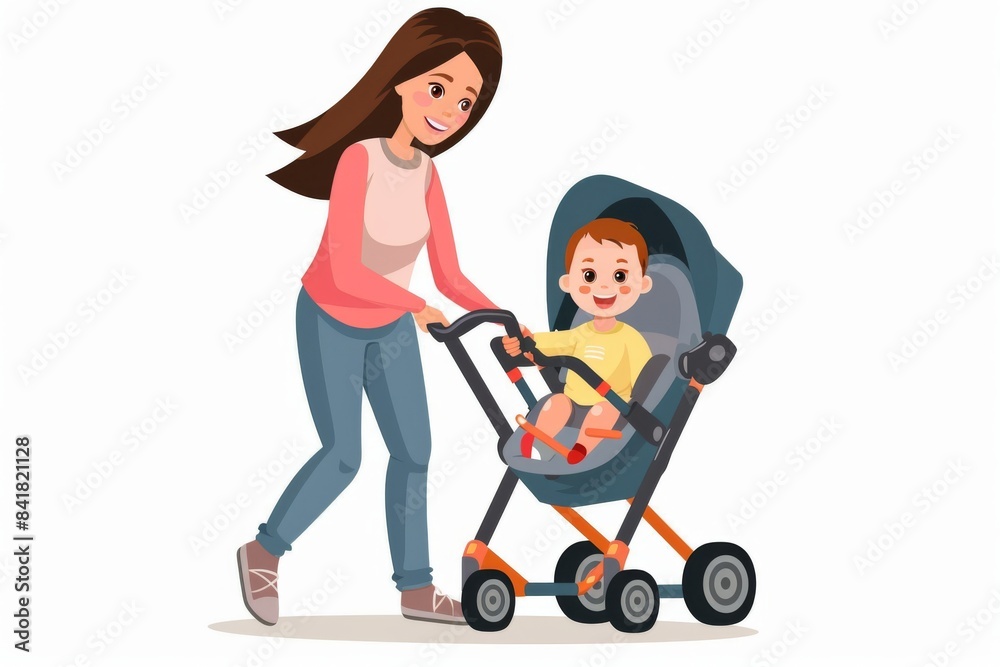 A heartwarming illustration of a mother pushing her baby in a stroller, beaming with love as she meets her child's curious gaze. A heartwarming illustration of a mother pushing her baby in a stroller, beaming with love as she meets her child's curious gaze.