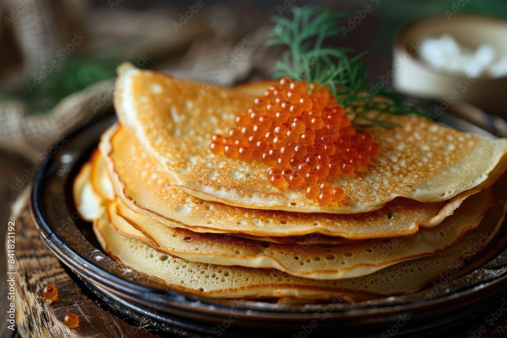 Stack of crepes with red caviar Stack of crepes with red caviar