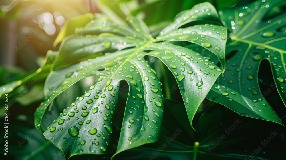 Close-up of dew drops on the broad green leaves of a tropical houseplant in morning light Close-up of dew drops on the broad green leaves of a tropical houseplant in morning light