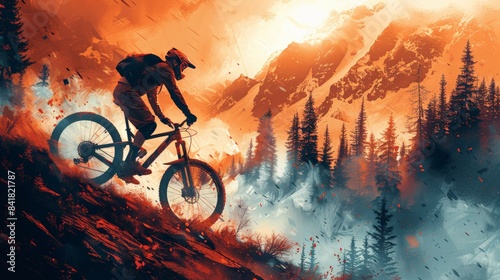 Wallpaper Mural Mountain Biking Adventure: Illustrate a dynamic background of a mountain biking adventure with rugged terrain, forest trails, and a high-tech bike navigating the path.  Torontodigital.ca