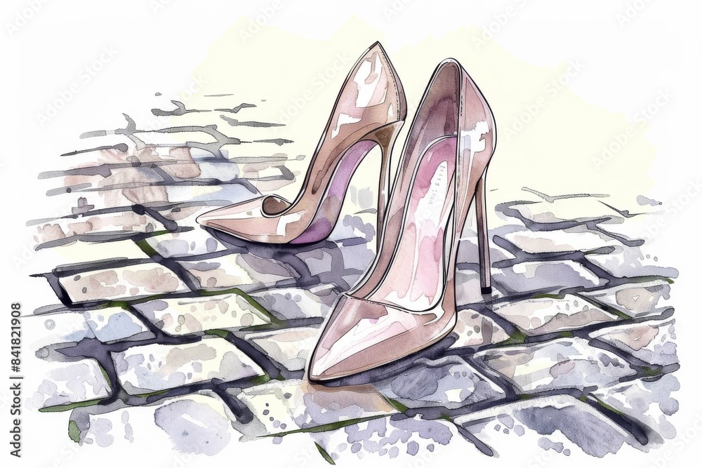 custom made wallpaper toronto digitalAn illustration of stylish high heels standing on a charming cobblestone street, set against a clear white background.