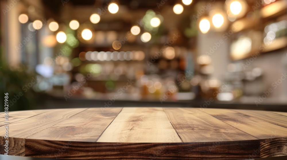 Empty wooden table in front of abstract blurred background of coffee shop Empty wooden table in front of abstract blurred background of coffee shop
