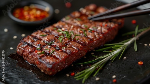 Exquisite Wagyu Beef Slice Elevated by Chopsticks - High-Resolution Top-Down View with Hyper-Realistic Detail