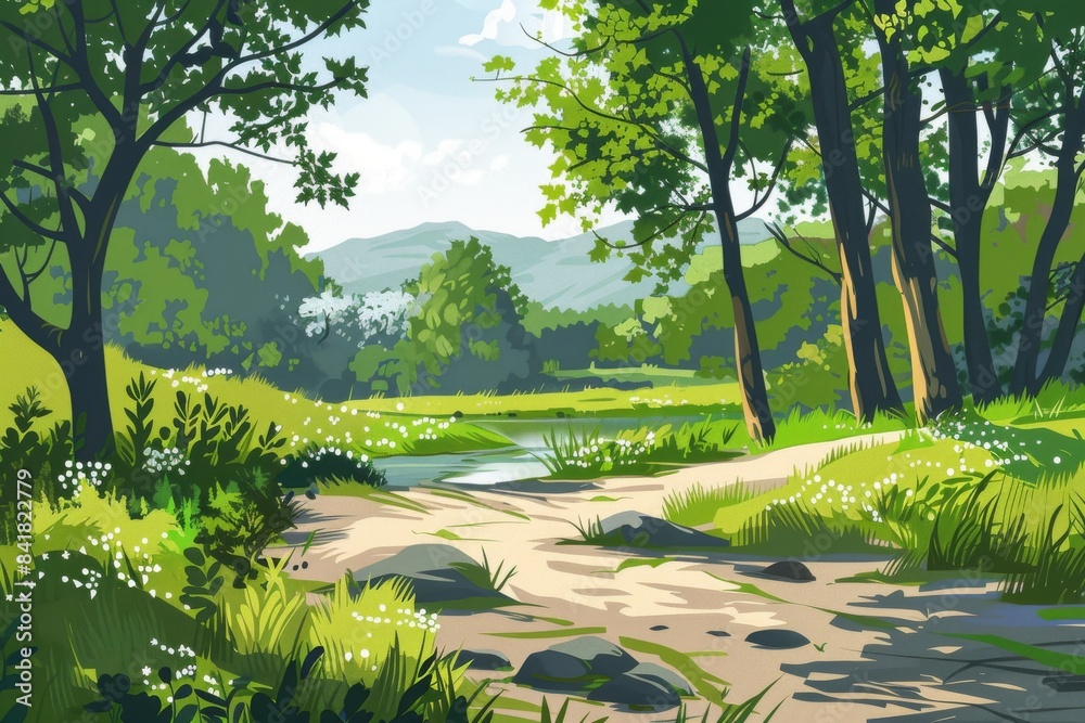 Naklejka premium Experience the serenity of a peaceful nature walk or hike amidst a breathtaking scenic environment.