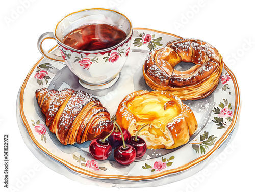 Artistic illustration of a breakfast setting with a cup of tea, croissant, Danish pastry and cherries isolated on white background
 photo