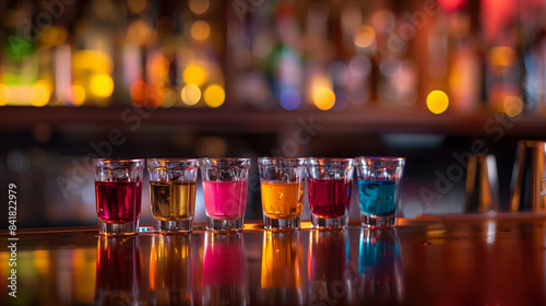 set of small colorful shooters cocktails on bar counter in nightclub, alcohol drink shots in a row, nightlife and party concept photo
