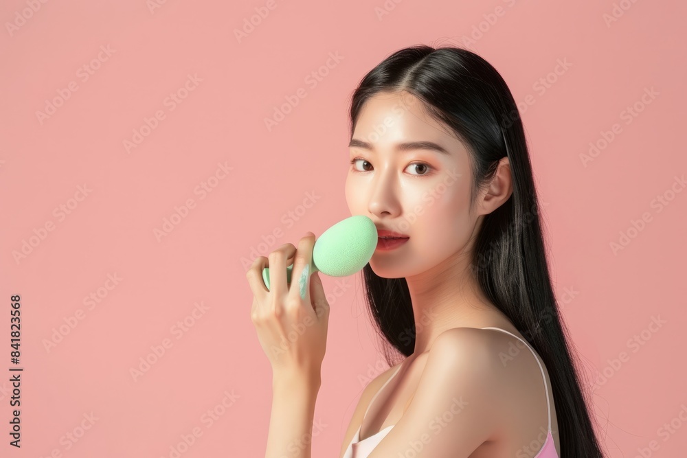 Skincare concept, beauty concept, young beautiful Asian long-haired woman using green beauty products on a beige background, holding a makeup brush and skin cream. Skincare concept, beauty concept, young beautiful Asian long-haired woman using green beauty products on a beige background, holding a makeup brush and skin cream.