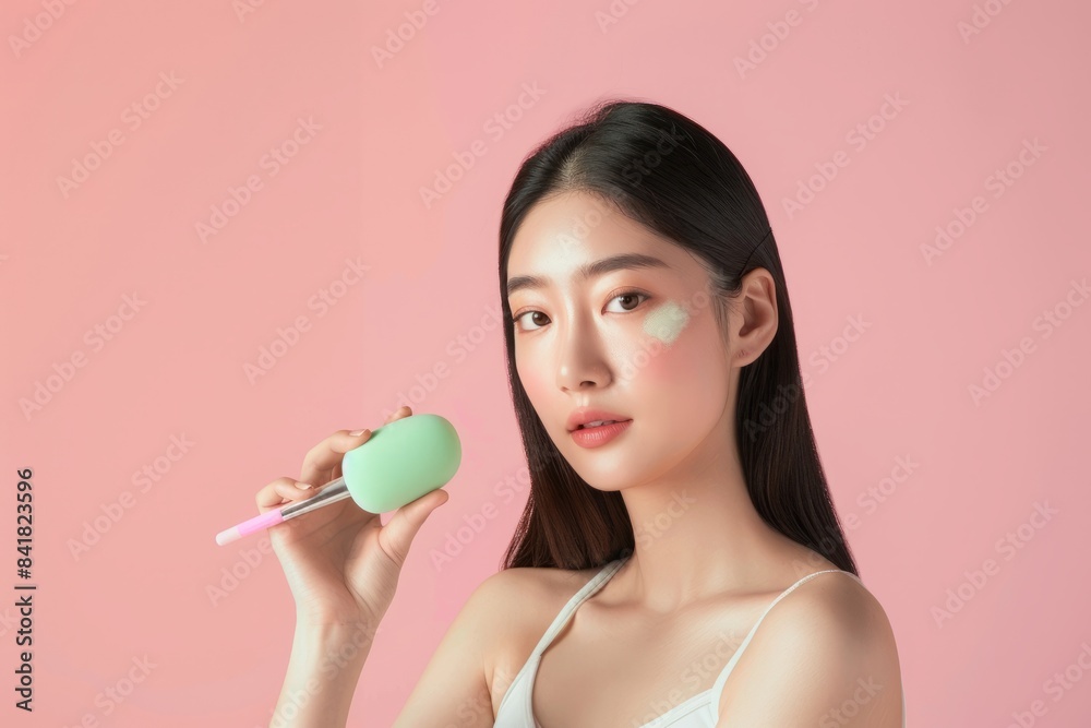 Skincare concept, beauty concept, young beautiful Asian long-haired woman using green beauty products on a beige background, holding a makeup brush and skin cream. Skincare concept, beauty concept, young beautiful Asian long-haired woman using green beauty products on a beige background, holding a makeup brush and skin cream.